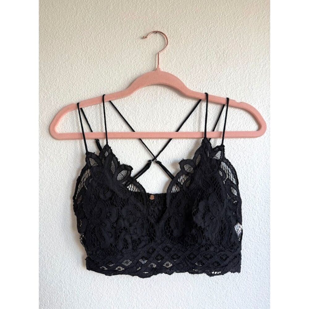 Free People FP1 Adella Bralette Strappy Crochet Lace Bralette Top in Black M/L